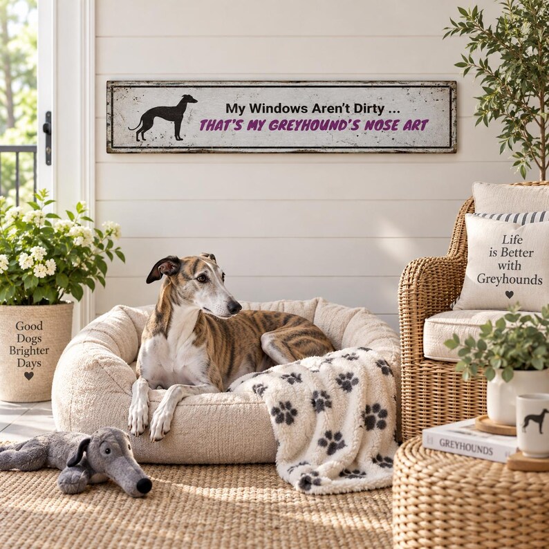 Greyhound-skylt, rolig noskonst rustik trähunddekoration, vintage väggbonad för mudroomkök, hundmammapresentidé bild 5
