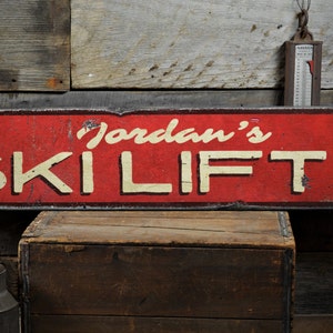 Ski Lift Arrow Wood Sign, Personalized Skier Name Gift, Custom Skiing Lover Lodge Decor - Rustic Hand Made Vintage Wooden Sign Decor