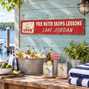 Free Water Skiing Lessons Sign, Personalized Lake Name Wood Decor, Funny Rustic Dock Hanging, Boathouse Humor Gift For Him