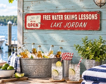 Free Water Skiing Lessons Sign, Personalized Lake Name Wood Decor, Funny Rustic Dock Hanging, Boathouse Humor Gift For Him