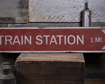 Train Station Arrow Mileage Wood Sign, Personalized Location Name Distance Wall Decor - Rustic Hand Made Vintage Wooden Sign Decor