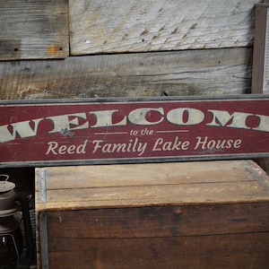 Custom Family Welcome Lake House Sign - Rustic Hand Made Vintage Wooden Sign Decorations