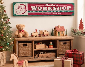 Santa's Workshop Wood Sign, Rustic Distressed Christmas Wall Decor, Vintage Style North Pole Toy Shop Sign For Kids Room, Custom Sign