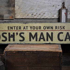 Man Cave Decor, Man Cave Sign, Man Gift, Father&#39;s Day Gift, Enter Own Risk Sign, Dad Gift, Dad Sign, HandMade Vintage Wood Sign