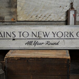 Trains All Year Round Wood Sign, Custom Arrow Train Station Location City Man Cave Decor - Rustic Hand Made Vintage Wooden Sign Decor