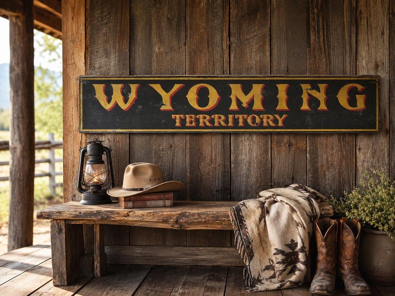 May include: A rectangular black sign with yellow and red lettering that reads WYOMING TERRITORY. Below the sign sits a tan cowboy hat on books, a black lantern, a patterned beige blanket, and a pair of brown leather cowboy boots on a bench.