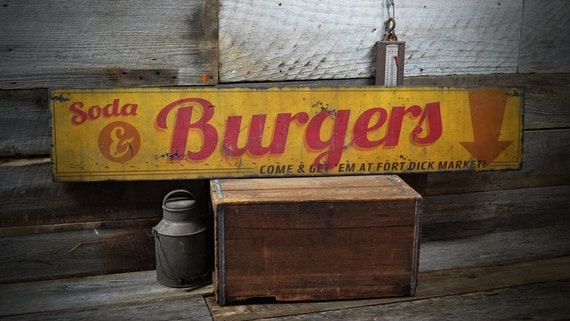 Sodas and Burgers Come and Get 'em Sign Rustic Hand Made Vintage Wooden Sign 