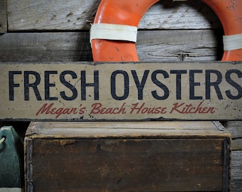 Oysters Decor, Wood Oyster Sign, Beach Kitchen Sign, Rustic Beach Fresh Oysters Sign, Custom Signs, HandMade Vintage Wood Sign Decor