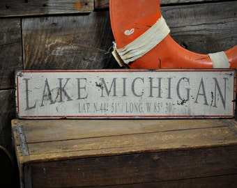 Lake Michigan Lat / Long Sign - Primitive Rustic Hand Made Vintage Wooden Sign Decorations