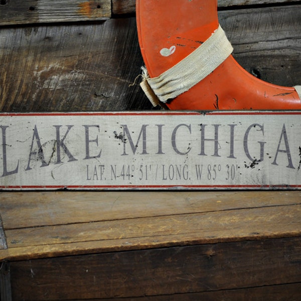 Lake Michigan Lat / Long Sign - Primitive Rustic Hand Made Vintage Wooden Sign Decorations