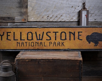 Buffalo Yellowstone National Park Wood Sign, Personalized Favorite Park Name Gift Decor - Rustic Hand Made Vintage Wooden Sign Decorations