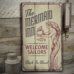Mermaid Inn Sign, Old Mermaid Shop Signs, Wooden Signs, Mermaid Gift, Sailors Decor, Wood Sign - Rustic Hand Made Vintage Wooden Decor