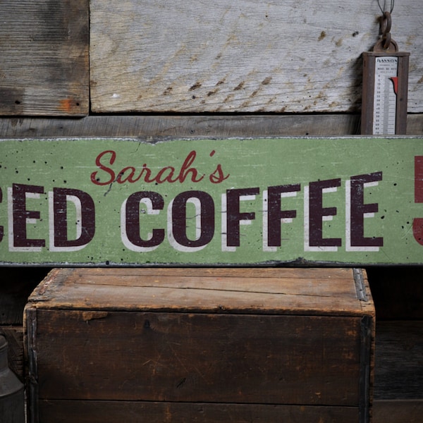Eiskaffee Holzschild, Kundenspezifisches Kaffee-Liebhaber-Namensgeschenk, 5 Cents pro Tasse Java-Küchendekor - Rustikales handgemachtes Vintage Holzschild-Dekor