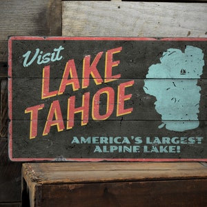 Cartello "Visita il Lago Tahoe", cartello "Alpine Lake", cartello "Destinazione Tahoe", cartello in legno Tahoe, decorazioni da viaggio vintage, cartello in legno rustico fatto a mano