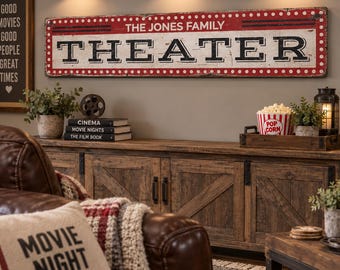 Home Theater Sign, Personalized Family Name Wood Decor, Rustic Movie Room Wall Hanging, Basement Media Room Gift For Him