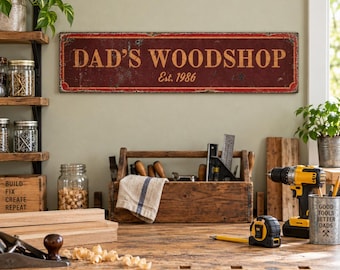Holzwerkstatt-Schild, personalisierter Name und Gründungsjahr, rustikale Wanddekoration für die Werkstatt, Geschenkidee zum Vatertag für Holzwerker