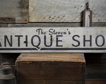 Antique Shop Wood Sign, Custom Arrow Antique Lover Gift, Shop Owner Family Name Sign - Rustic Hand Made Vintage Wooden Sign