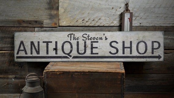 Antique Shop Wood Sign, Custom Arrow Antique Lover Gift, Shop Owner Family Name Sign - Rustic Hand Made Vintage Wooden Sign 