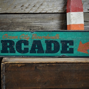 Arcade Wood Sign, Custom Beach Boardwalk Location Name Sign, Enter Arrow Sign, Beach Decor - Rustic Hand Made Vintage Wooden Sign Decoration