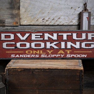 Adventure Cooking Sign, Kitchen Sign, Restaurant Sign, Funny Cooking Sign, Chef Gift, Grilling -Rustic Hand Made Distressed Wood
