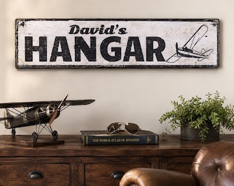 Personalized Hangar Sign, Custom Name Airplane Wood Sign, Rustic Aviation Decor for the Garage, Hangar or Office, Pilot Gift