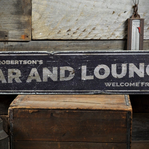 Bar & Lounge Wood Sign, Personalized Family Name Sign, Welcome Friends Home Bar Decor - Rustic Hand Made Vintage Wooden Sign Bar Decorations