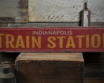 Station City Train Wood Sign, Personalized Railroad Location Name Decor, Train Lover Gift - Rustic Hand Made Vintage Wooden Sign Decor