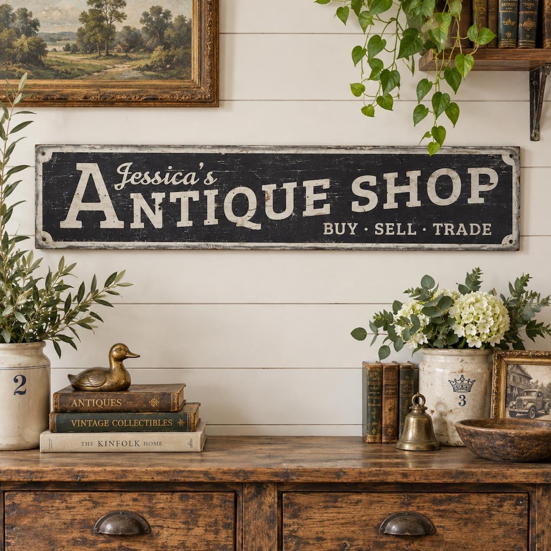 Antique Shop Wood Sign, Personalized Name Booth Decor, Rustic