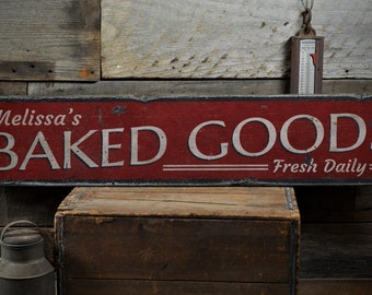 Baked Goods Wood Sign, Personalized Baker Name Sign, Bake Fresh Treats Daily Kitchen Decor - Rustic Hand Made Vintage Wooden Sign Decor