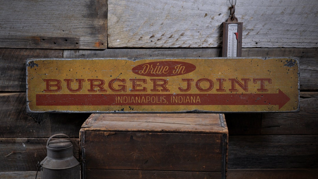 Drive in Burger Joint Wood Sign, Personalized Arrow Location City State ...