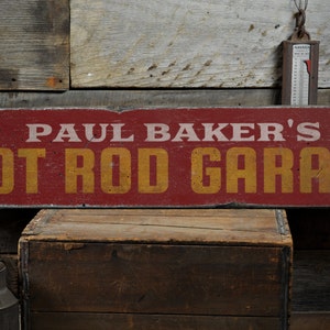 Hot Rod Garage Wood Sign, Personalized Shop Owner Name Decor, Custom Car Lover Gift - Rustic Hand Made Vintage Wooden Sign Decorations