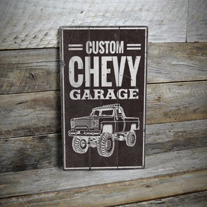 Benutzerdefinierte Chevy Garage Schild, altes Chevy Zeichen in der Garage, Wanddekoration, Man Höhle Geschenke, Chevy Liebhaber, Vintage Stil Zeichen - handgemachtes Holzschild