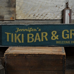 Tiki Bar & Grill Wood Sign, Personalized Bar Owner Name Decor, Distressed Beach Bar Decor - Rustic Hand Made Vintage Wooden Sign