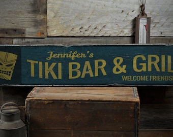 Tiki Bar & Grill Wood Sign, Personalized Bar Owner Name Decor, Distressed Beach Bar Decor - Rustic Hand Made Vintage Wooden Sign