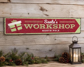 Santa's Workshop Sign, North Pole Christmas Decor, Handmade Weathered Wooden Sign