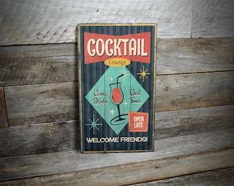 Cocktail Lounge Sign, Welcome Sign, Rustic Lounge Sign, Mixology Wall Decor, Classic Drinks Sign, Retro Lounge Decor - Handmade Wooden Sign