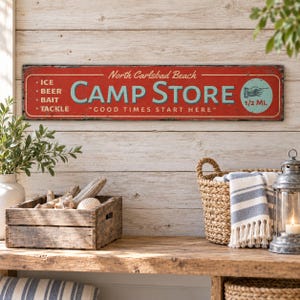 Camp Store Sign, Personalized Campground Name Wood Decor, Rustic Bait Tackle Cabin Wall Hanging, Gift Idea image 2