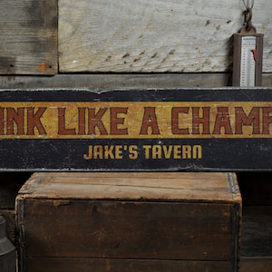 Drink Like A Champion Wood Sign, Personalized Tavern Owner Name  Gift, Home Bar Pub Decor - Rustic Hand Made Vintage Wooden Sign Decorations