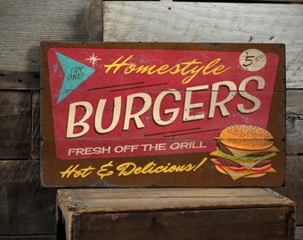 Homestyle Burgers Sign, Vintage Burgers Sign, Retro Kitchen Decor, Burger Gift, Diner Style Sign, Handmade Wooden Sign - Rustic Burgers Sign