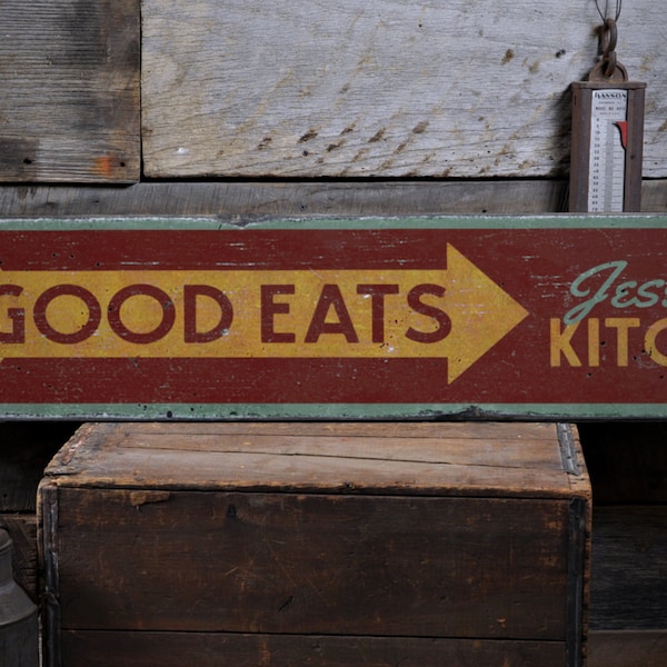 Good Eats Arrow Wood Sign, Personalized Chef Cook Name Gift, Custom Food Kitchen Decor - Rustic Hand Made Vintage Wooden Sign