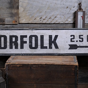 Norfolk Arrow Mileage Wood Sign, Personalized Direction Location Name Distance Wall Decor - Rustic Hand Made Vintage Wooden Sign Decor