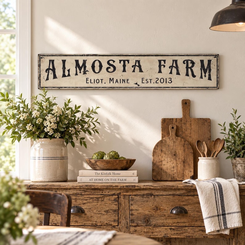 May include: A rectangular wall sign with a distressed cream finish and black lettering that reads ALMOSTA FARM, ELIOT, MAINE, EST. 2013. The sign features a thin black border and is mounted horizontally on a light-colored wall above a wooden surface.