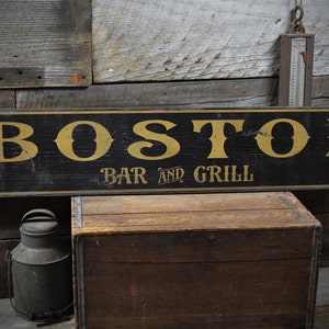 Personalized City Bar and Grill Wood Sign, Custom Bar And Grill Gift, Gifts - Rustic Hand Made Vintage Wooden Sign For Boston Decoration