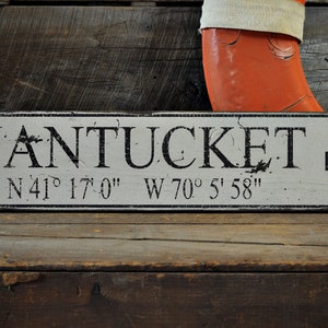 Custom Nantucket Lat and Long Sign - Rustic Hand Made Vintage Wooden Sign Decorations