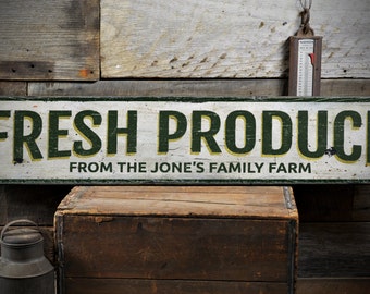 Letrero de madera con productos frescos, letrero de granja personalizado con nombre familiar, decoración de mercado de agricultores para el hogar y la cocina - Letrero rústico vintage de madera hecho a mano