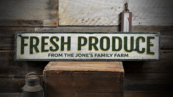 Fresh Produce Wood Sign, Custom Family Name Farm Sign, Farmers Market Home Kitchen Decor - Rustic Hand Made Vintage Wooden Sign 