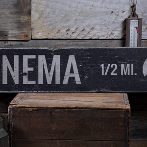 Cinema Arrow Mileage Wood Sign, Personalized Direction Location Name Distance Wall Decor - Rustic Hand Made Vintage Wooden Sign Decoration