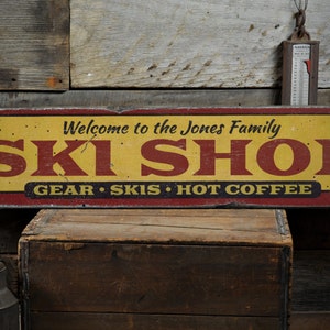 Welcome Ski Shop Wood Sign, Personalized Family Last Name Gear Skis Hot Coffee Lodge Decor - Rustic Hand Made Vintage Wooden Sign