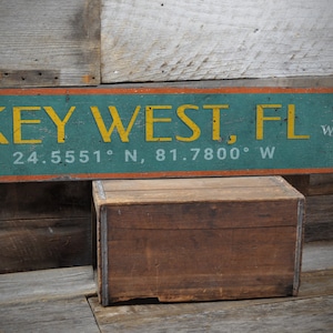 Key West Florida Sign, Coordinates Sign, Wooden Florida Decor, Key West Decor, Retro Florida Sign, Rustic Seaside Decor - Old Wooden Sign