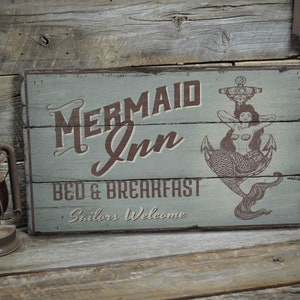 Mermaid Inn Sign, Mermaid Decor, Sailors Welcome Sign, Beach House Sign, Beach Cottage Decor, Rustic Beach Sign - Handmade Wooden Sign
